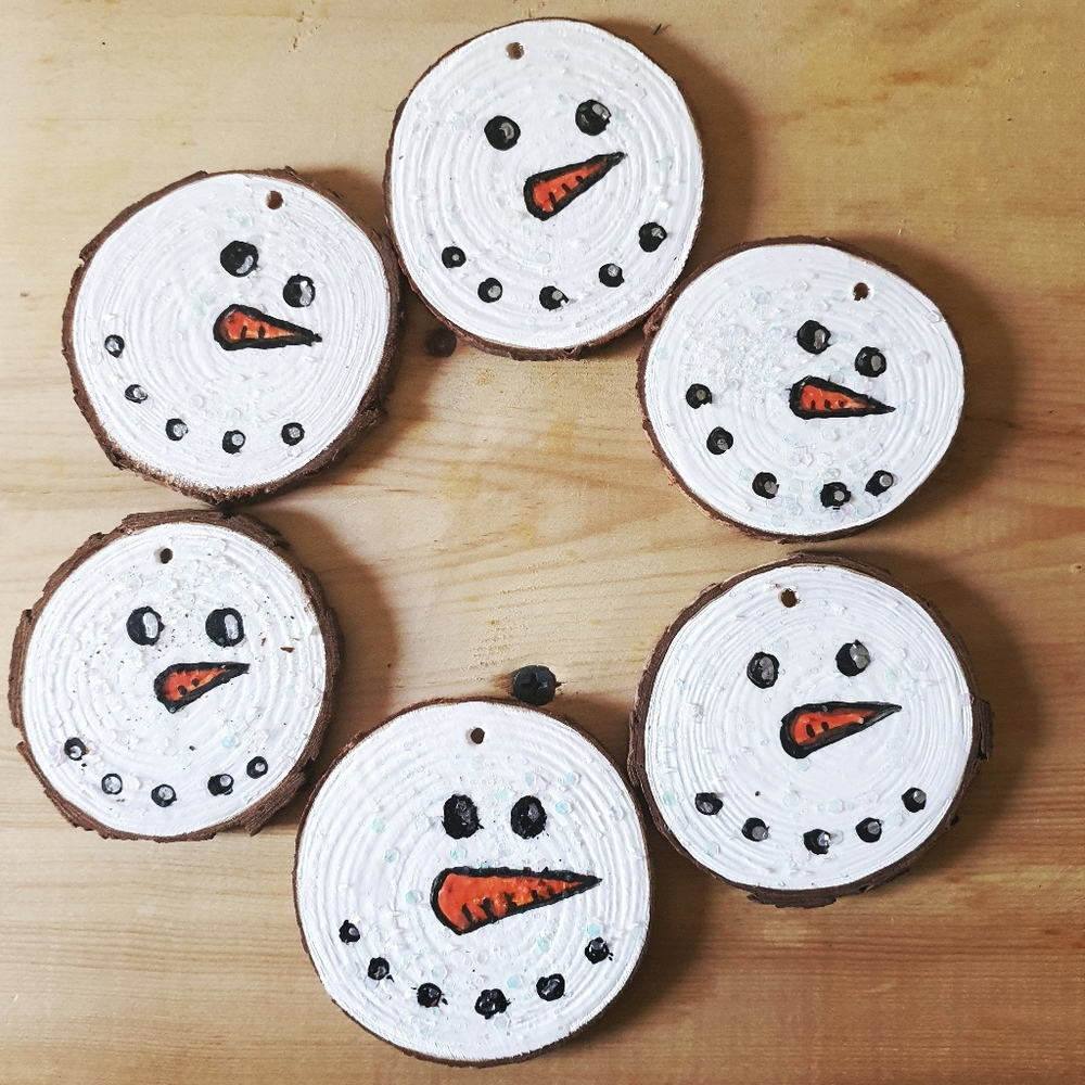 6 Snowman Hand Painted Wood Slices Ornaments